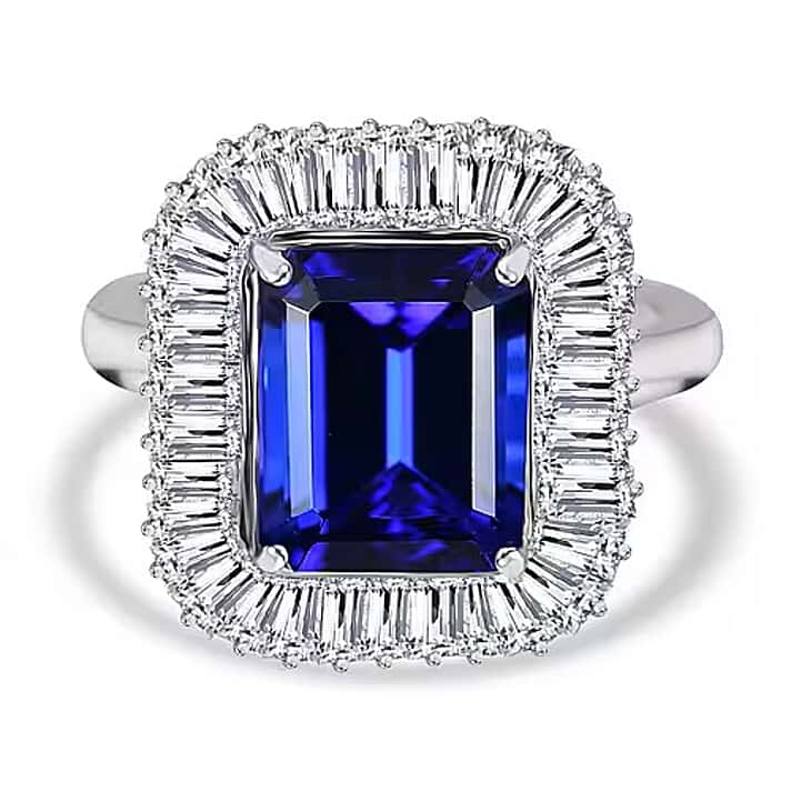 RHAPSODY 950 Platinum AAAA Tanzanite (8.00 Ct) and White Diamond (1.70 Ct) Halo Ring