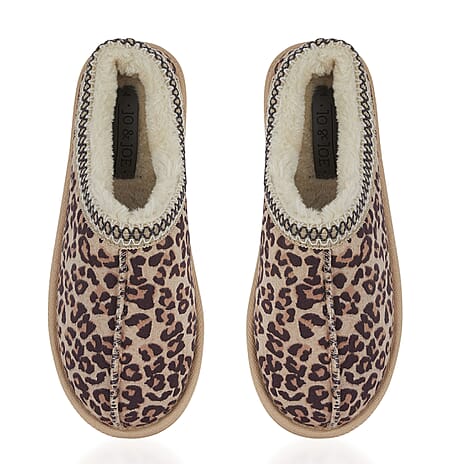 Jo - Joe Ladies KOALA Fleecy Lined Turkish Back Mule with Braiding Trim (Size 4) - Leopard