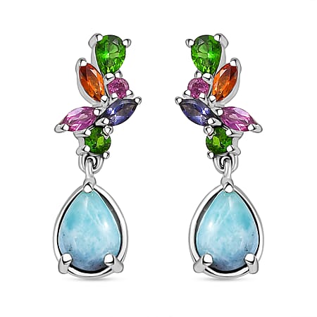 Natural Green Larimar & Multi Gemstones Dangling Earring With Push Back in Rhodium Overlay Sterling Silver 3.71 Ct.