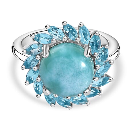 Natural Teal Green Larimar & Blue Apatite Ring in Rhodium Overlay Sterling Silver 6.07 Ct.
