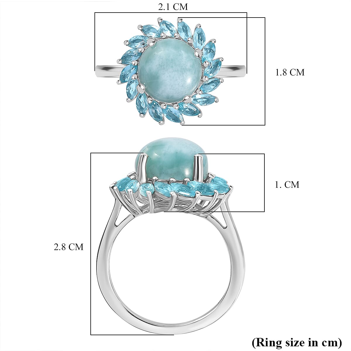 Natural Teal Green Larimar & Blue Apatite Ring in Rhodium Overlay Sterling Silver 6.07 Ct. Natural Teal Green Larimar & Blue Apatite Ring in Rhodium Overlay Sterling Silver 6.07 Ct.