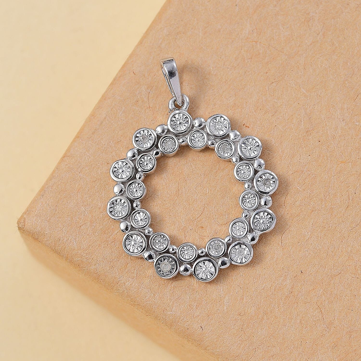 White Diamond Bubble Circle Pendant in Platinum Overlay Sterling Silver