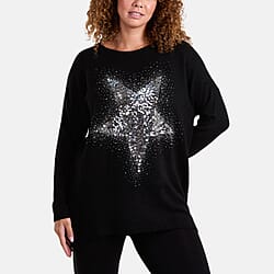 Misumi Sequin & Diamante Star Ribbed Jumper (One Size 8-20) - Navy