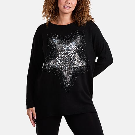 Misumi Sequin & Diamante Star Ribbed Jumper (One Size 8-20) - Black