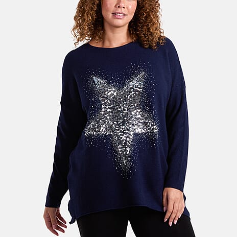 Misumi Sequin & Diamante Star Ribbed Jumper (One Size 8-20) - Navy