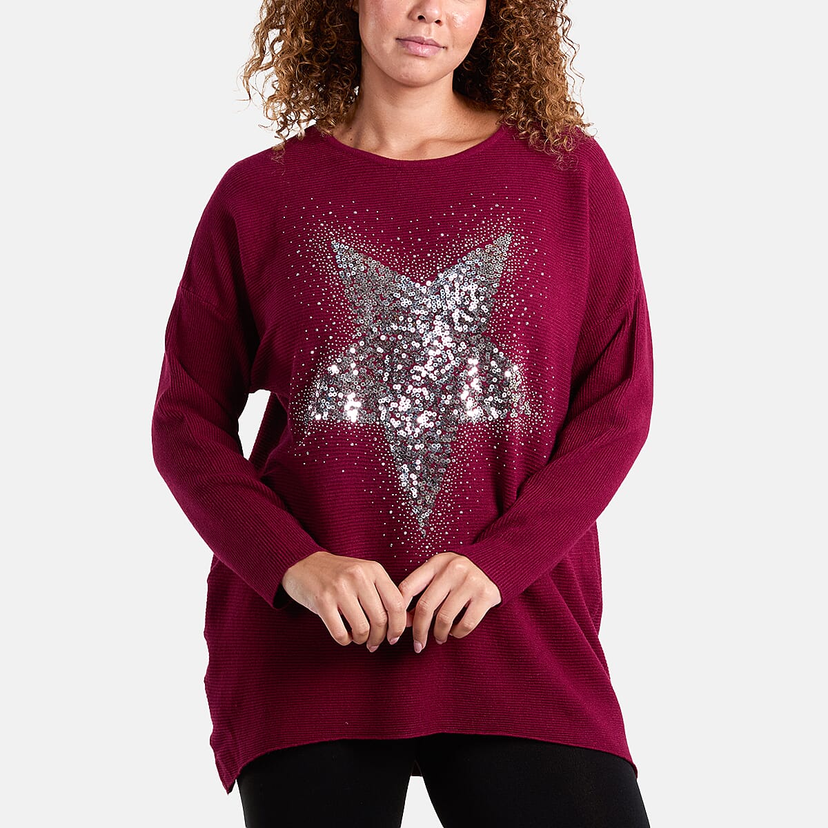 Misumi Sequin & Diamante Star Ribbed Jumper (One Size 8-20) - Burgundy