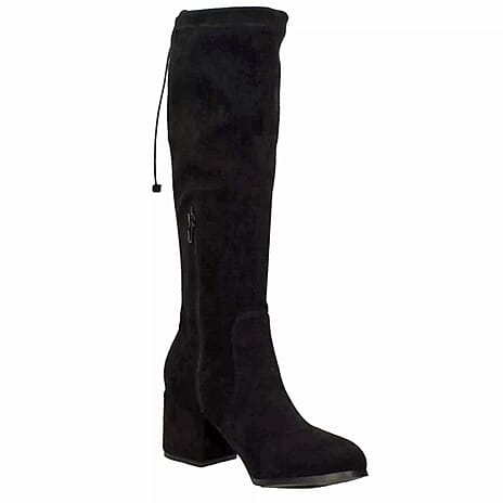 Ladies Mid Block Heel Back Tie High Leg Boots (Size 6) - Black