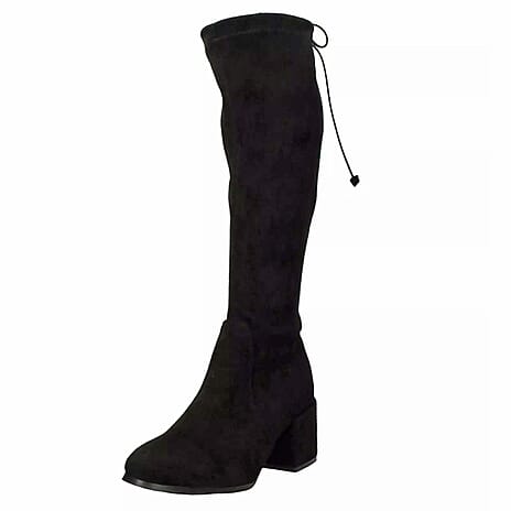 Ladies Mid Block Heel Back Tie High Leg Boots (Size 6) - Black