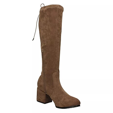 Ladies Mid Block Heel Back Tie High Leg Boots (Size 7) - Beige