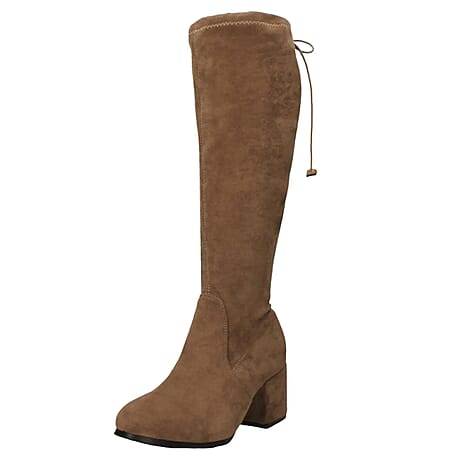 Ladies Mid Block Heel Back Tie High Leg Boots (Size 8) - Beige