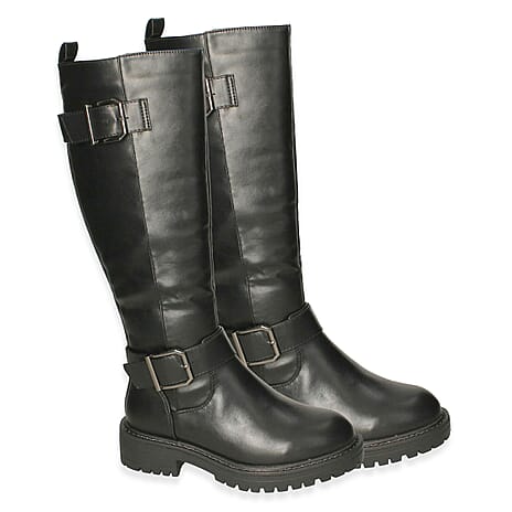 Faux Fur Buckle Knee High Boots (Size 3) - Black