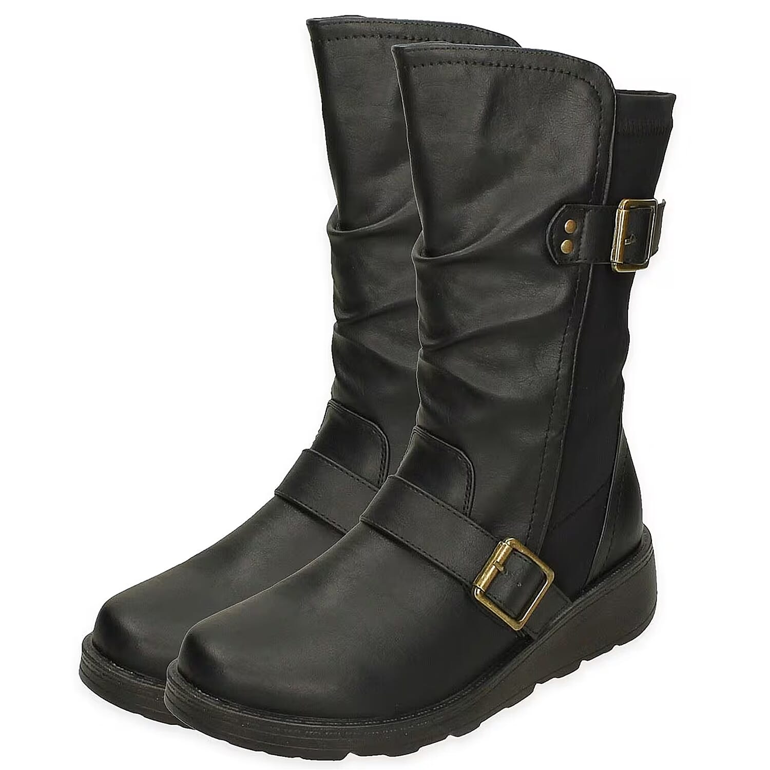 Ladies Mid Wedge Sole High EEE Wide Fit Boots with 2 Buckle Straps