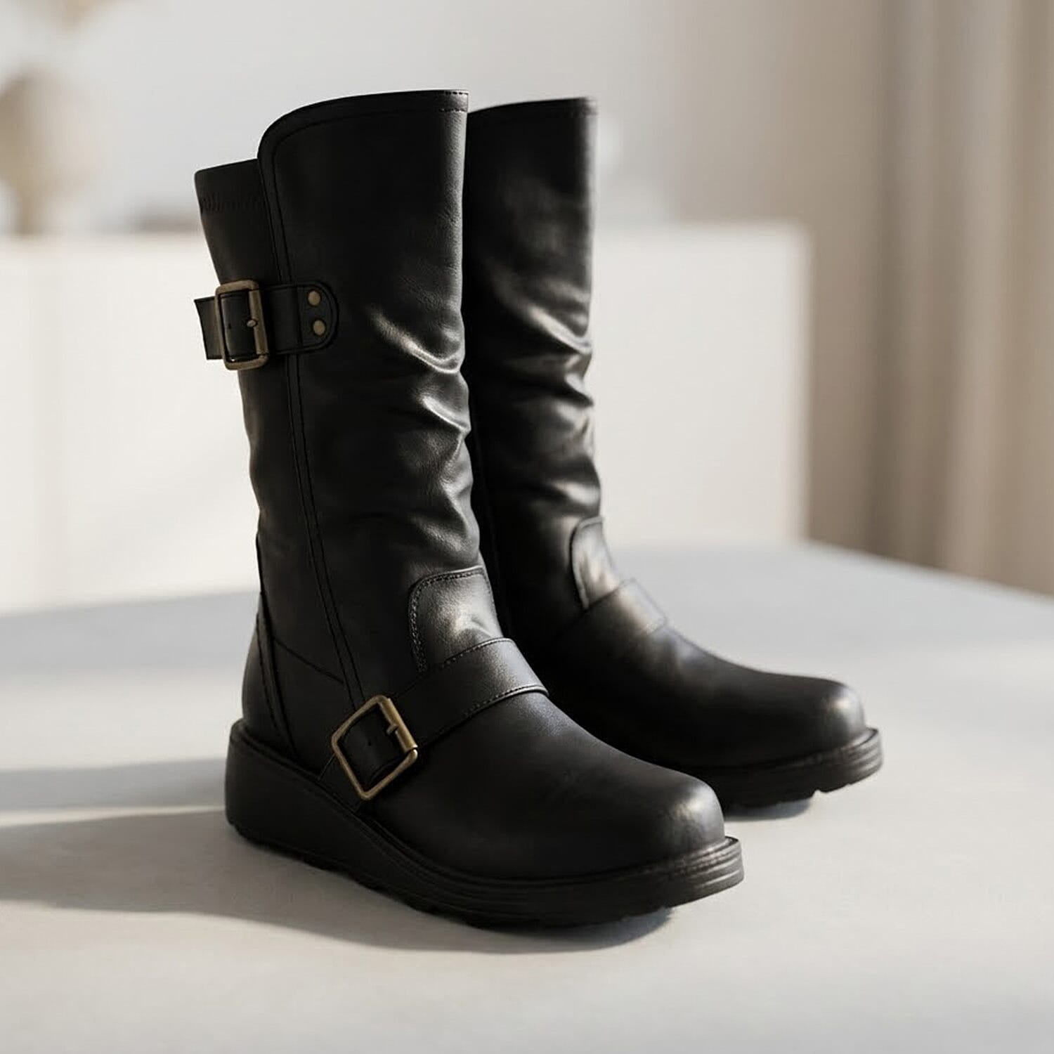 Ladies Mid Wedge Sole High EEE Wide Fit Boots with 2 Buckle Straps