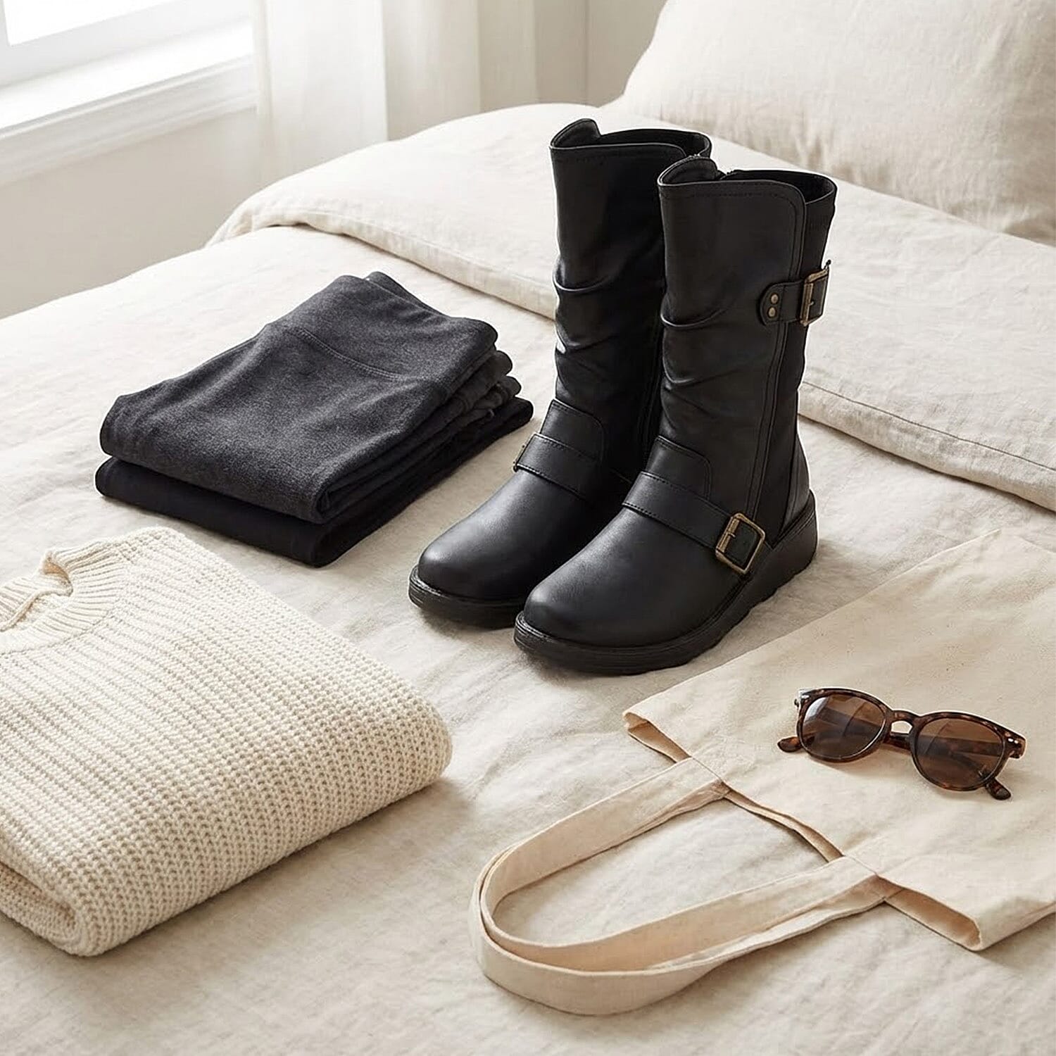 Ladies Mid Wedge Sole High EEE Wide Fit Boots with 2 Buckle Straps