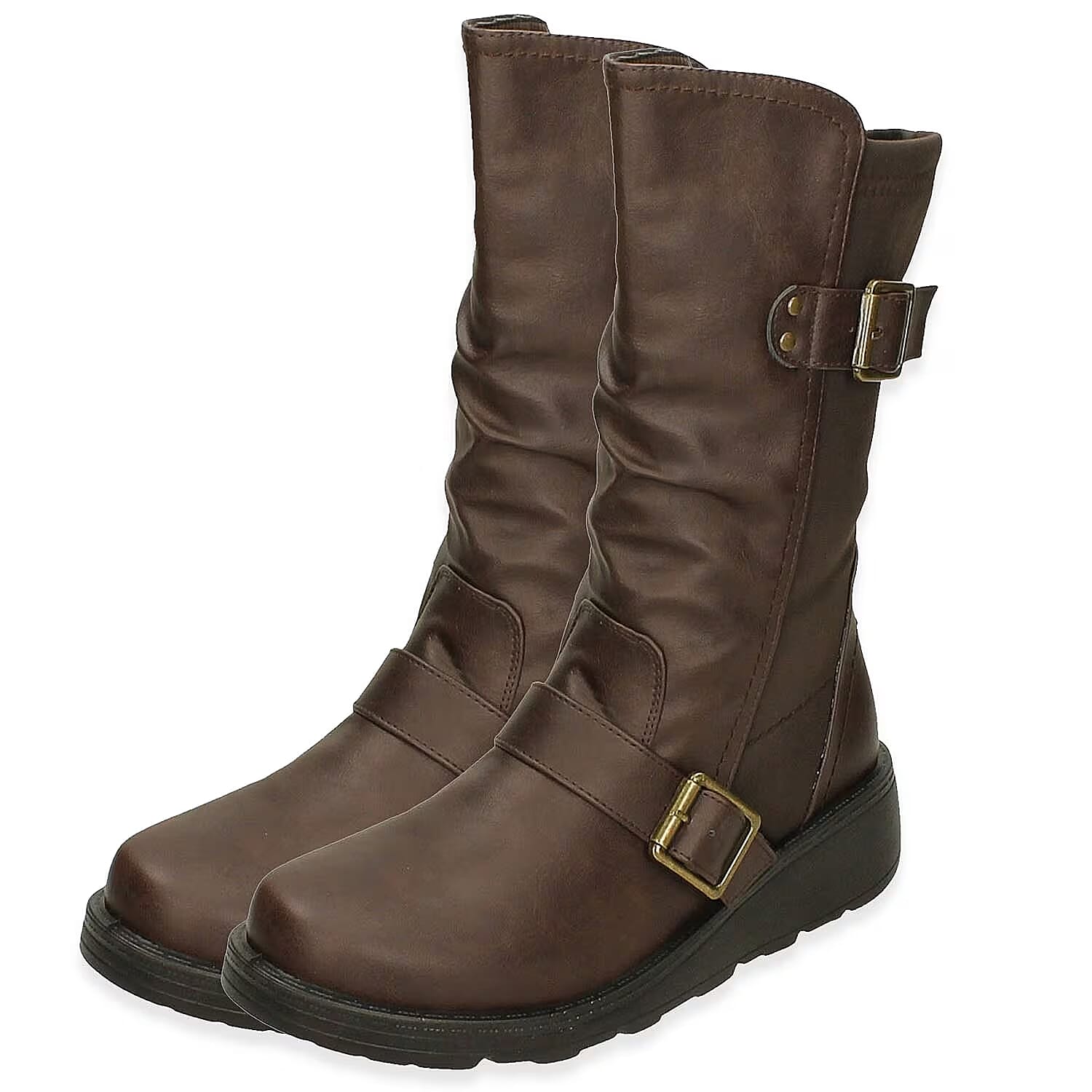 Ladies Mid Wedge Sole High EEE Wide Fit Boots with 2 Buckle Straps