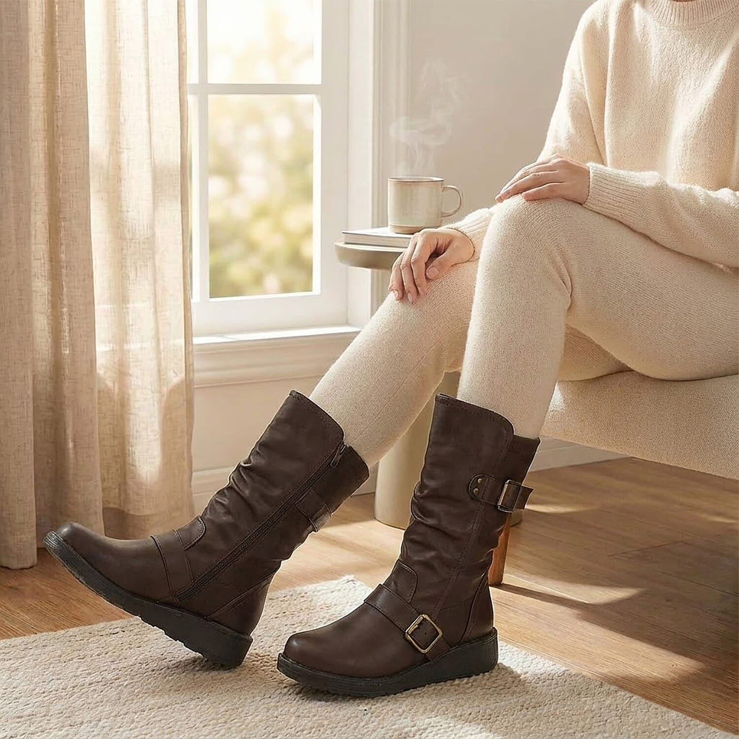 Ladies Mid Wedge Sole High EEE Wide Fit Boots with 2 Buckle Straps