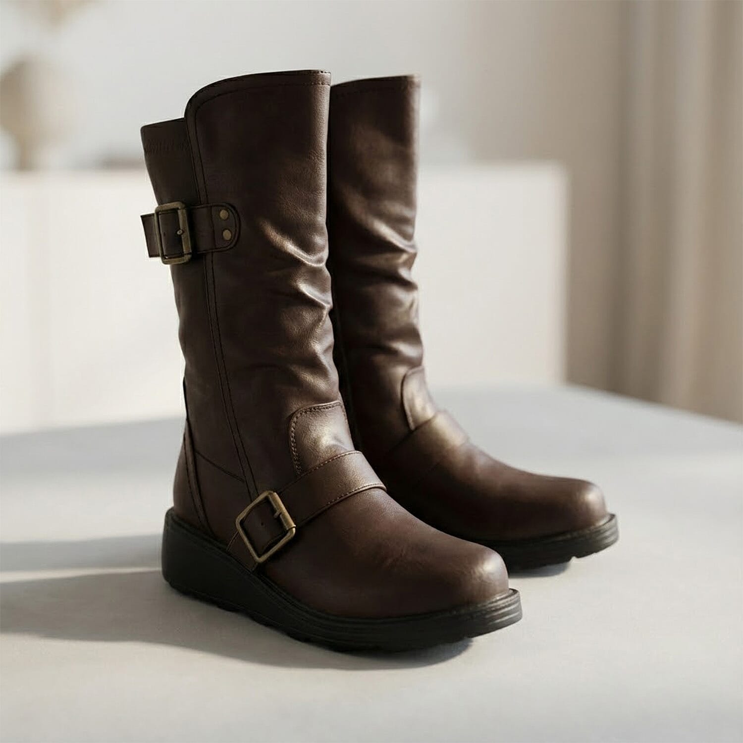 Ladies Mid Wedge Sole High EEE Wide Fit Boots with 2 Buckle Straps