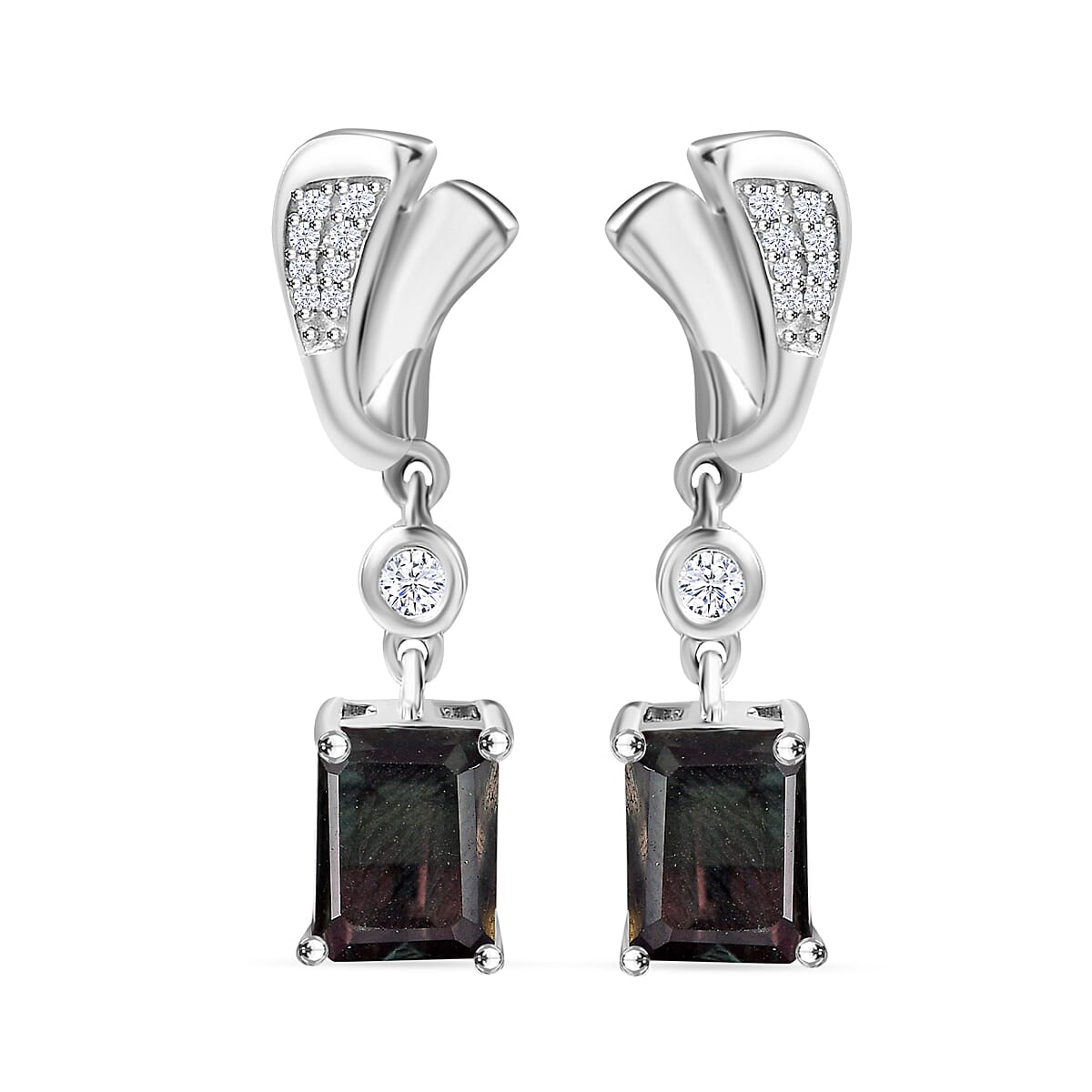 Alexandrite Triplet Quartz & White Zircon Earring with Push Back in Rhodium Overlay Sterling Silver 4.04 Ct.