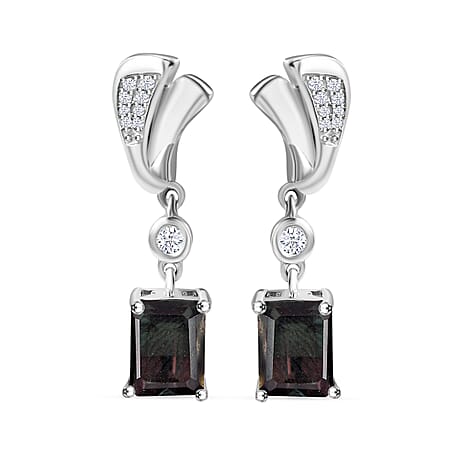 Alexandrite Triplet Quartz, White Zircon Drop Earrings in Rhodium Overlay Sterling Silver 4.50 ct.