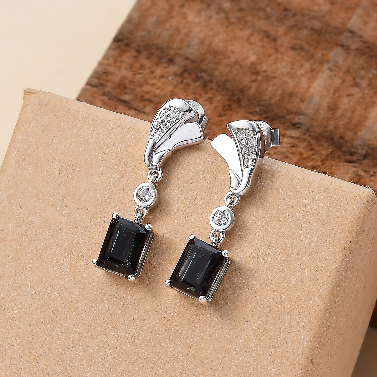 Alexandrite Triplet Quartz & White Zircon Earring with Push Back in Rhodium Overlay Sterling Silver 4.04 Ct.