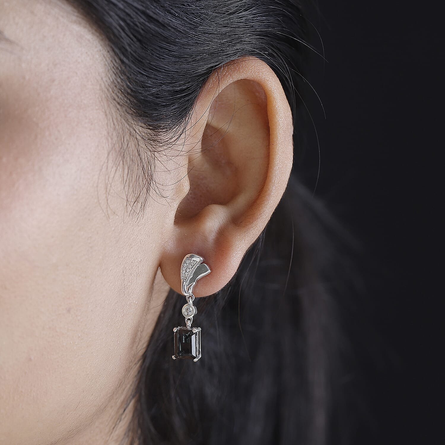 Alexandrite Triplet Quartz & White Zircon Earring with Push Back in Rhodium Overlay Sterling Silver 4.04 Ct.