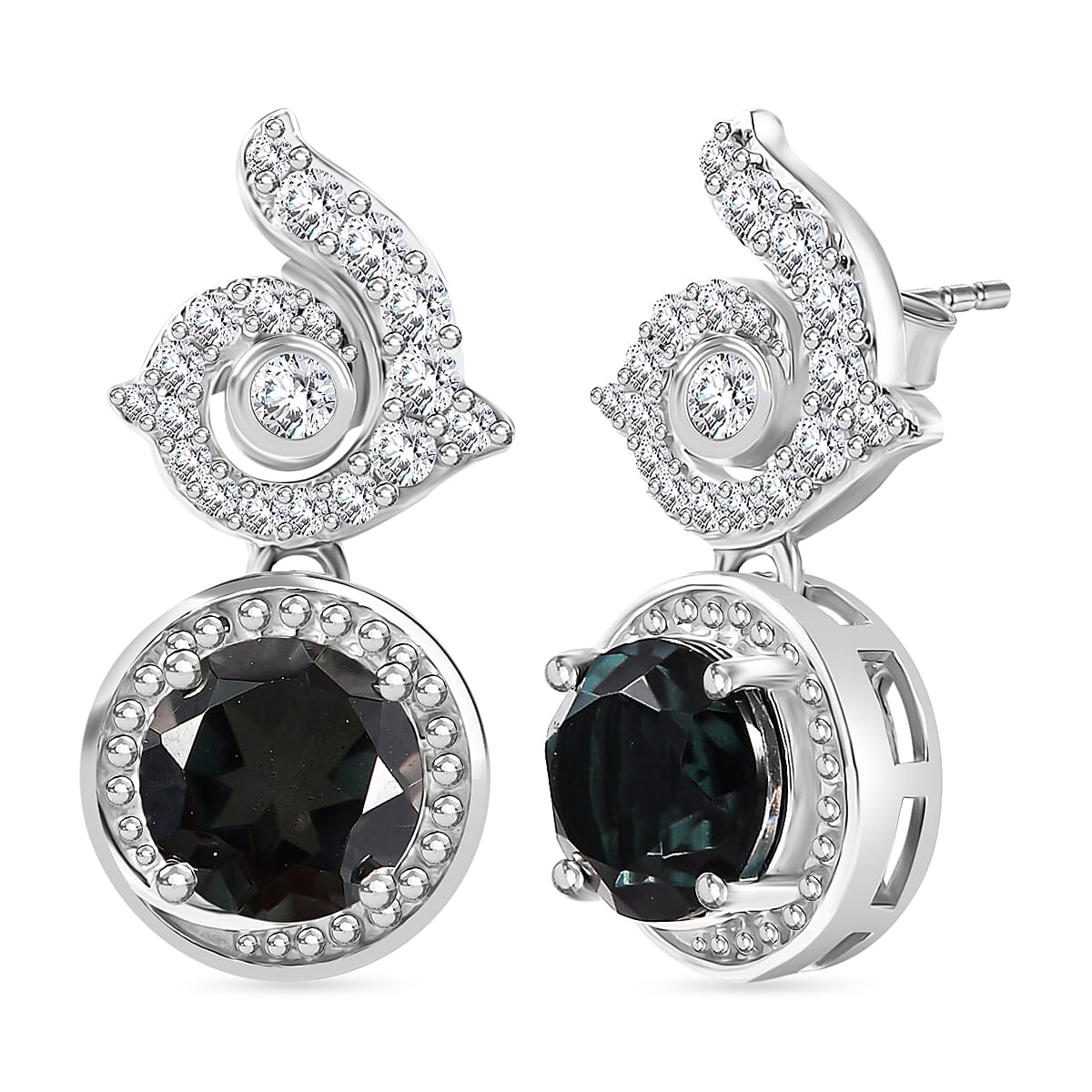 Alexandrite Triplet Quartz, White Zircon Solitaire Stud Push Post Earring in Rhodium Overlay Sterling Silver 5.23 Ct.