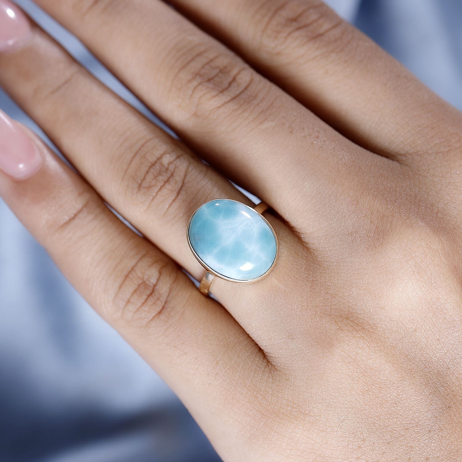 9K Yellow Gold AAA Natural Teal Green Larimar Solitaire Ring 11 Ct.