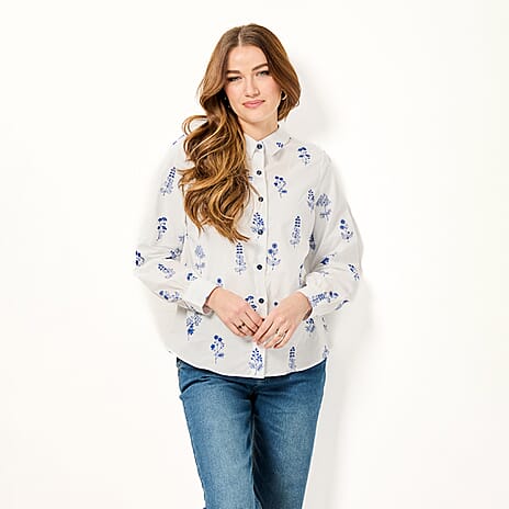 Mudflower Blue Floral Embroidered Long Sleeve Shirt (Size 14)