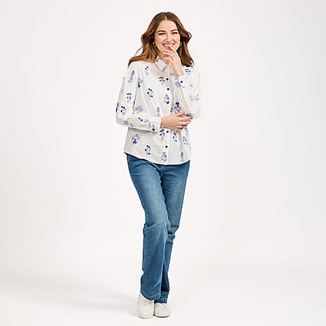Mudflower Blue Floral Embroidered Long Sleeve Shirt (Size 14)