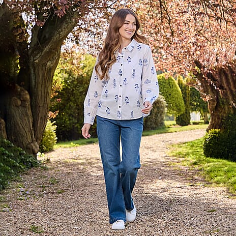 Mudflower Blue Floral Embroidered Long Sleeve Shirt (Size 16)