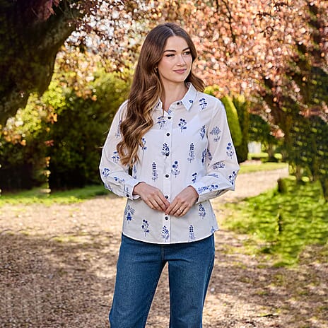 Mudflower Blue Floral Embroidered Long Sleeve Shirt (Size 20)