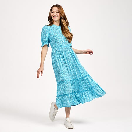 Mudflower Ditsy Floral Print Tiered Midi Dress with Puff Sleeves (Size 12) - Blue