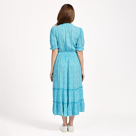 Mudflower Ditsy Floral Print Tiered Midi Dress with Puff Sleeves (Size 12) - Blue