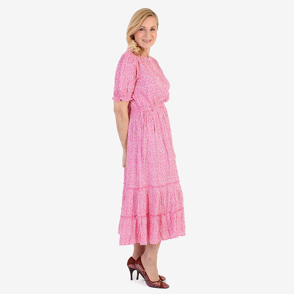 Nabella Ditsy Flower Print Midi Dress with Tiered Skirt (Size 14) - Pink