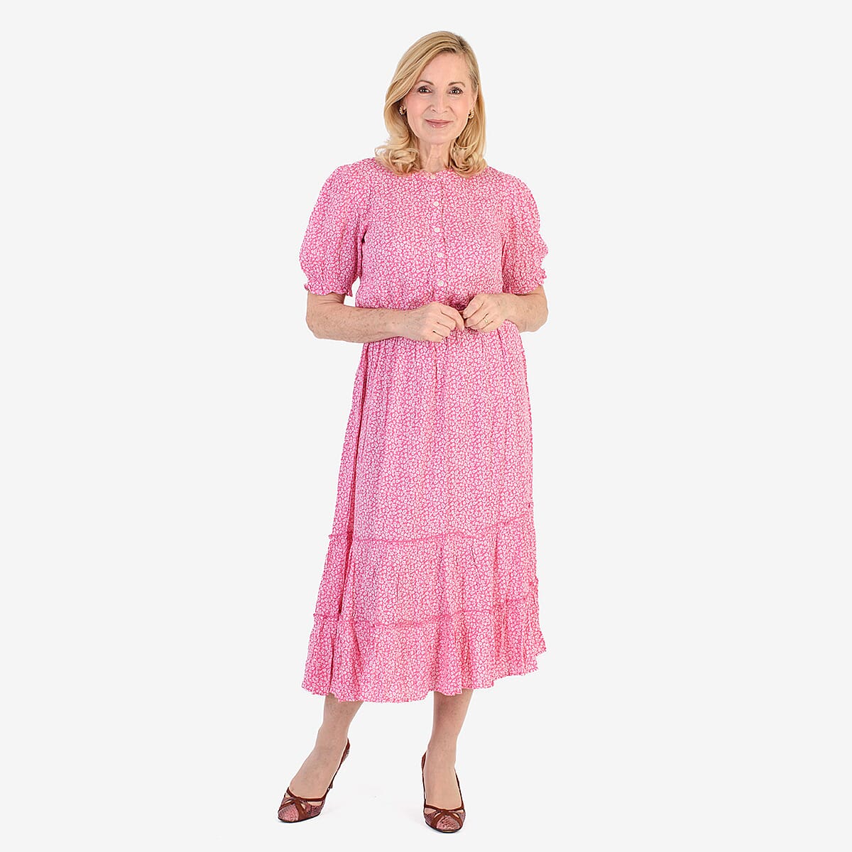 Nabella Ditsy Flower Print Midi Dress with Tiered Skirt (Size 16) - Pink