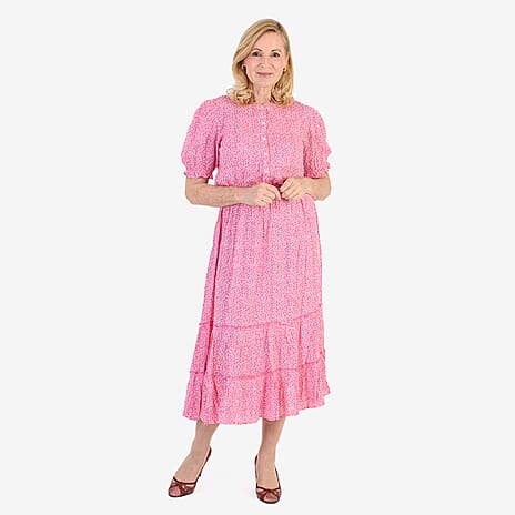 Nabella Ditsy Flower Print Midi Dress with Tiered Skirt (Size 16) - Pink