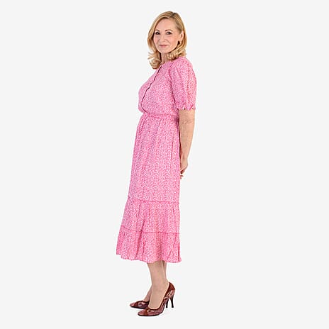Nabella Ditsy Flower Print Midi Dress with Tiered Skirt (Size 16) - Pink