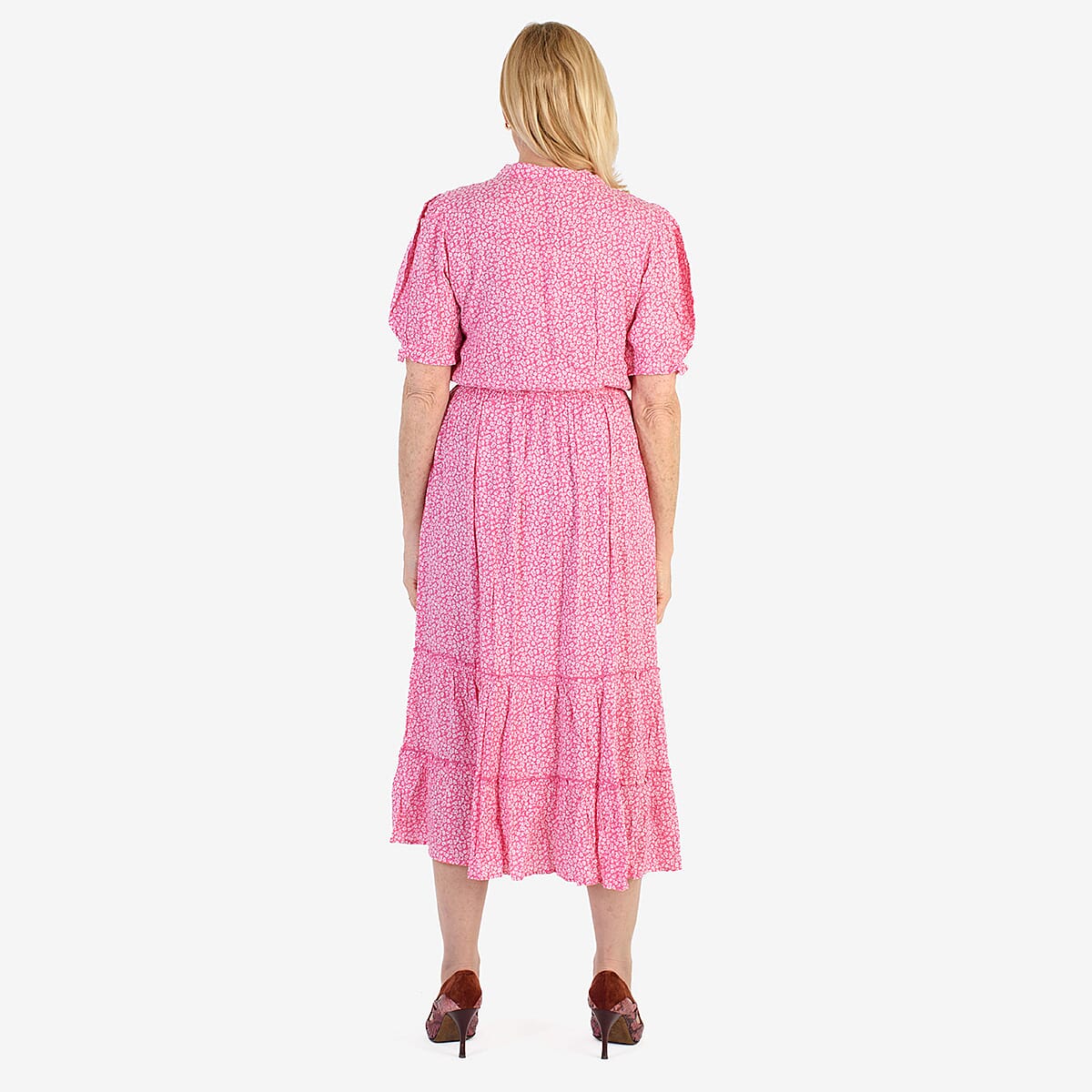 Nabella Ditsy Flower Print Midi Dress with Tiered Skirt (Size 20) - Pink