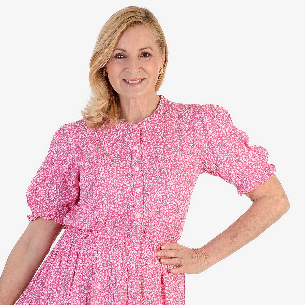 Nabella Ditsy Flower Print Midi Dress with Tiered Skirt (Size 20) - Pink