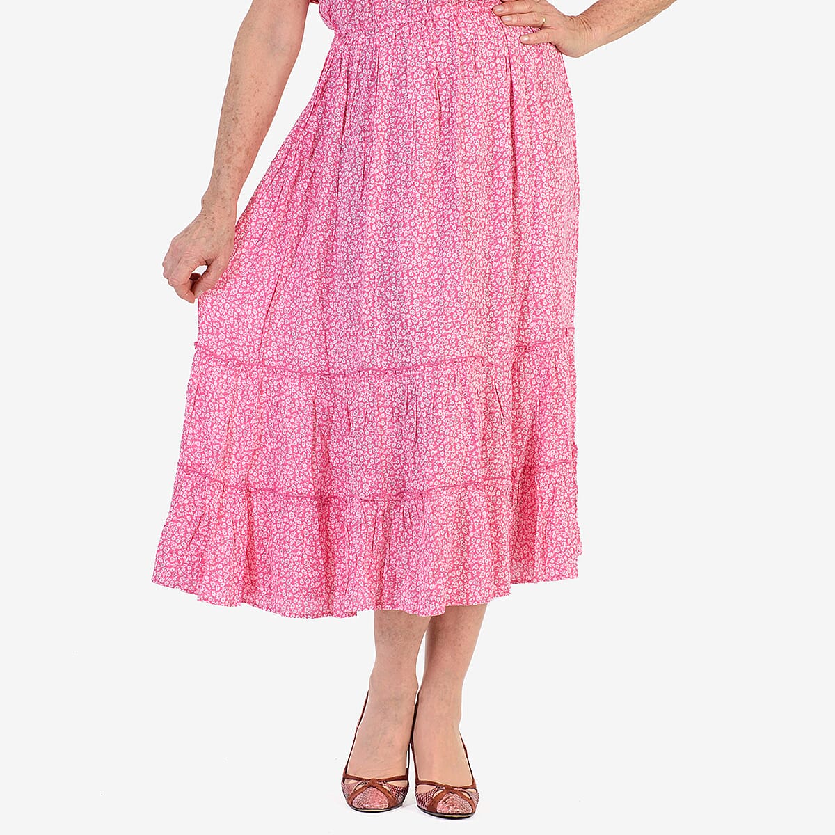 Nabella Ditsy Flower Print Midi Dress with Tiered Skirt (Size 20) - Pink