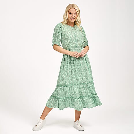 Nabella Ditsy Flower Print Midi Dress with Tiered Skirt (Size 12) - Green