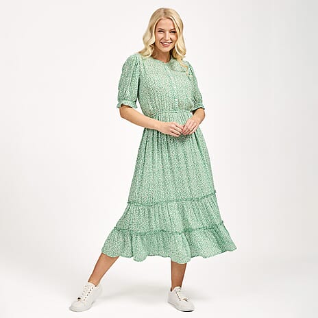 Nabella Ditsy Flower Print Midi Dress with Tiered Skirt (Size 16) - Green