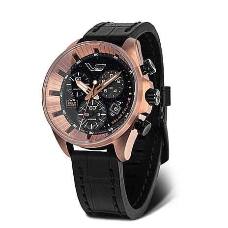 VOSTOK Solar Eclipse Quartz Movt. 20 ATM Watch with Rose Gold Plating & Black Leather Strap