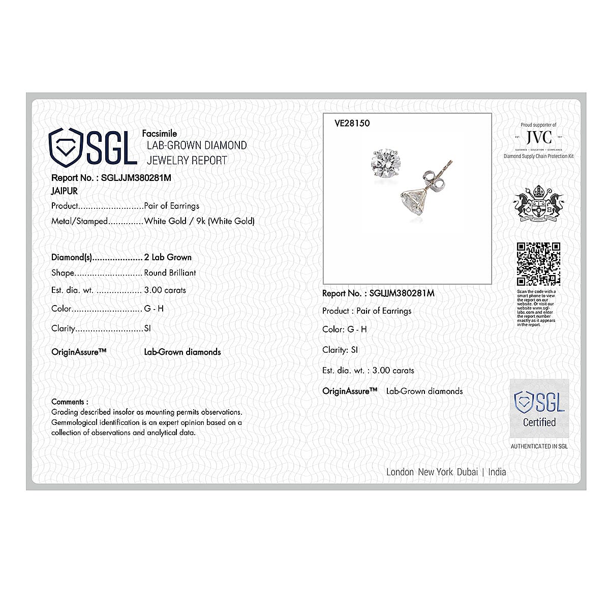Luxuriant Diamond - 950 Platinum SGL Certified Lab Grown Diamond (VS/GH) Solitaire Stud with Screw Back Earrings 3 Ct.