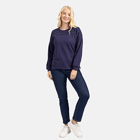 Mudflower Cotton Brodorie Yoke Sweatshirt (Size 12) - Navy