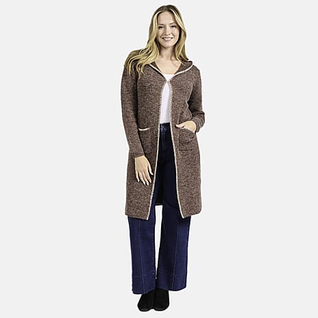 Mudflower Womens Longline Hooded Cardigan with Contrast Trim (Size 12) - Mocha