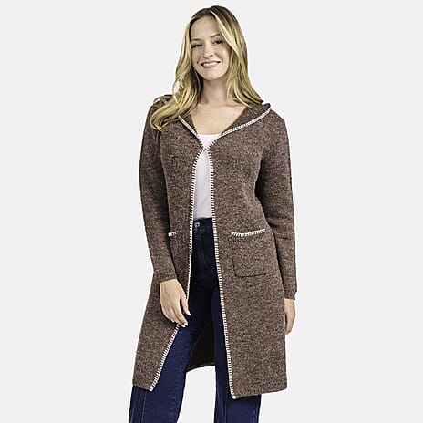 Mudflower Womens Longline Hooded Cardigan with Contrast Trim (Size 12) - Mocha