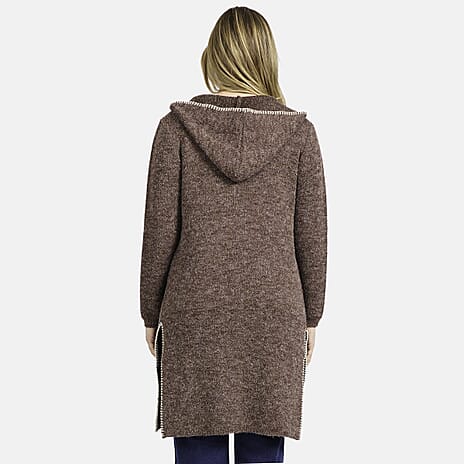 Mudflower Womens Longline Hooded Cardigan with Contrast Trim (Size 12) - Mocha