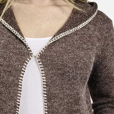 Mudflower Womens Longline Hooded Cardigan with Contrast Trim (Size 12) - Mocha