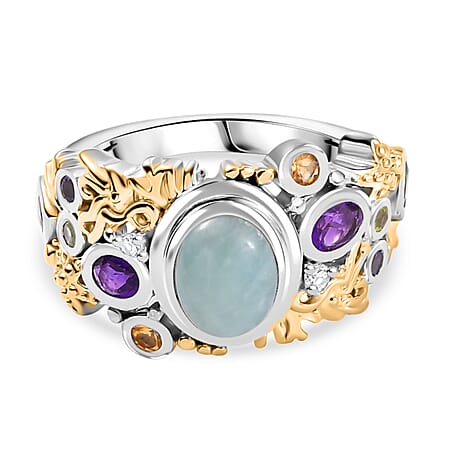 Natural Green Larimar & Multi Gemstones Cluster Ring in 18K Vermeil Yellow Gold & Rhodium Plated Sterling Silver 2.34 Ct.